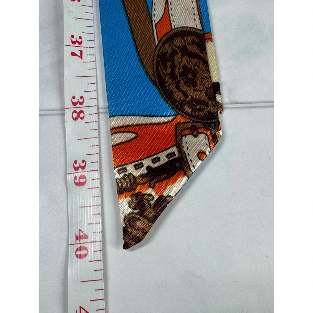 Blue Equestrian Print Skinny Scarf Handbag Wrap Headband Silk Style Tie
